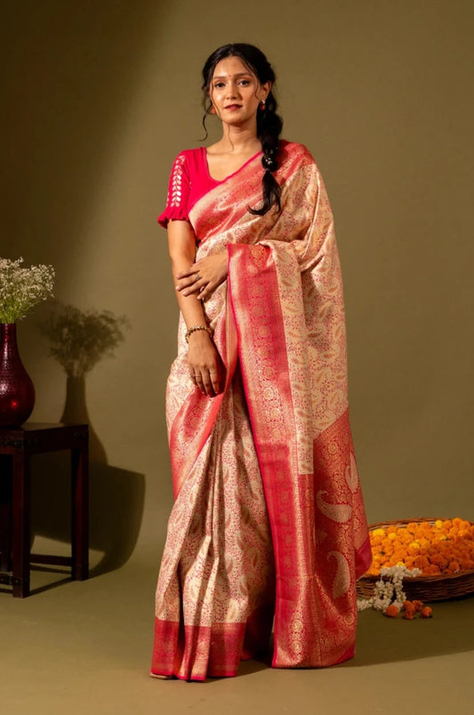 White Soft Silk Saree with Pink Border