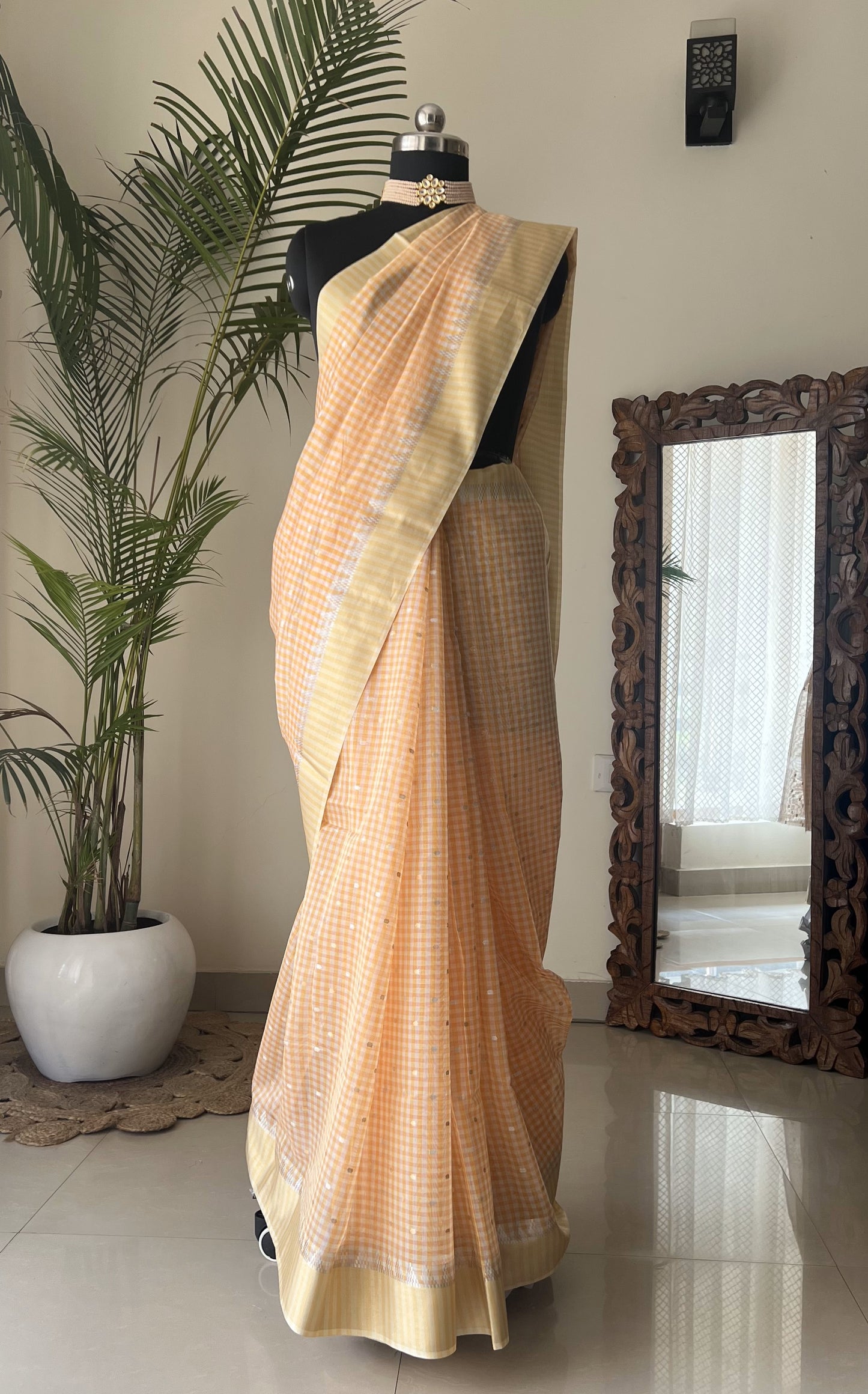 Mercerized cotton saree with zari and checks