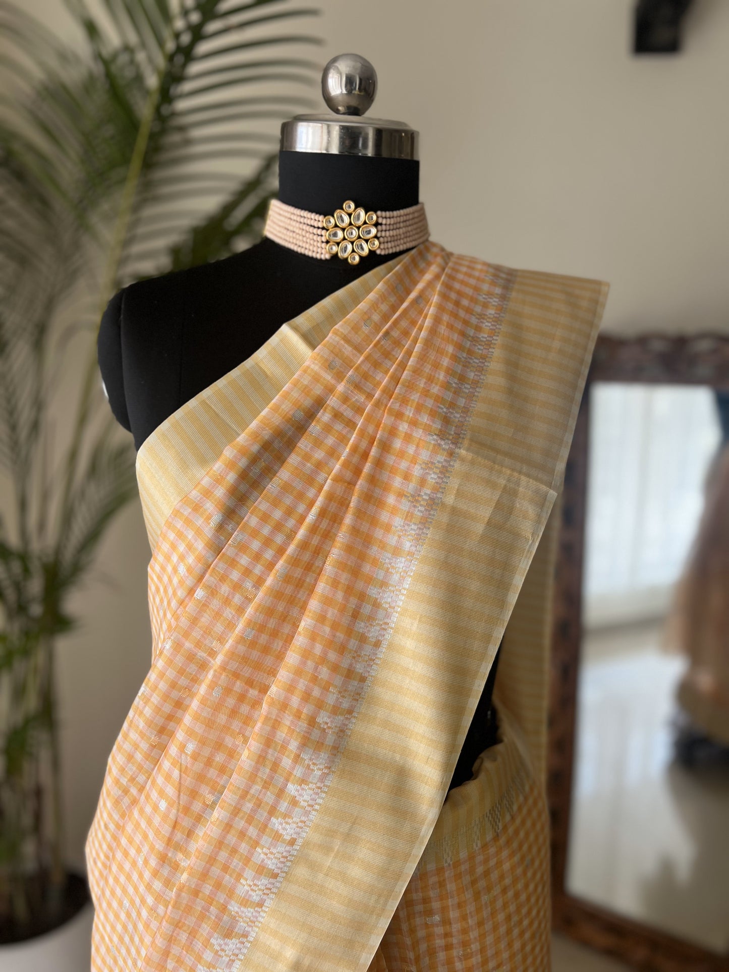 Mercerized cotton saree with zari and checks