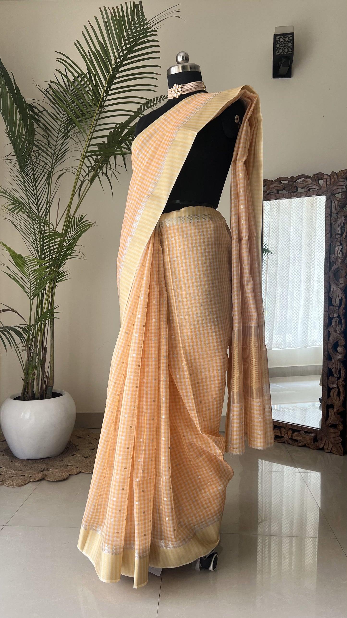 Mercerized cotton saree with zari and checks