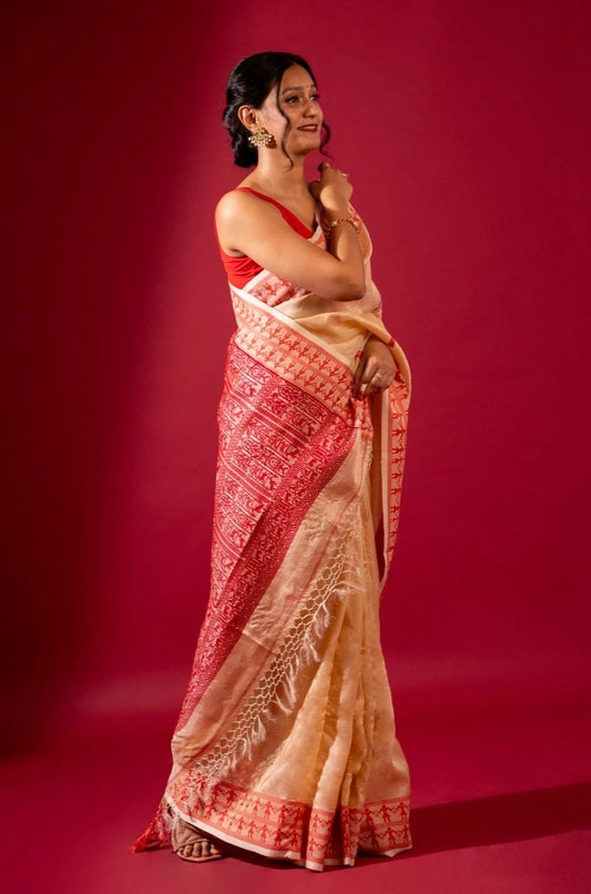 Gacchi By Tussar Saree with Pink Border Buta - Madhukara