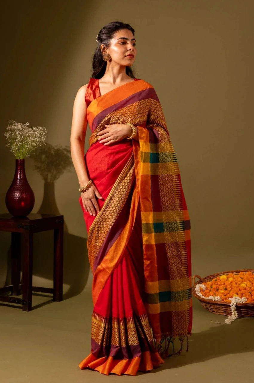 Maheshwari Silk Saree with Red Orange Border - Madhukara