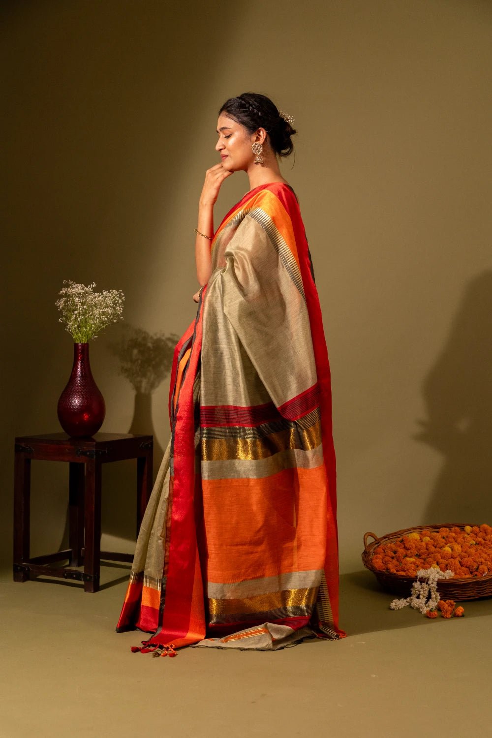 Maheshwari Silk Saree with Red Orange Border - Madhukara