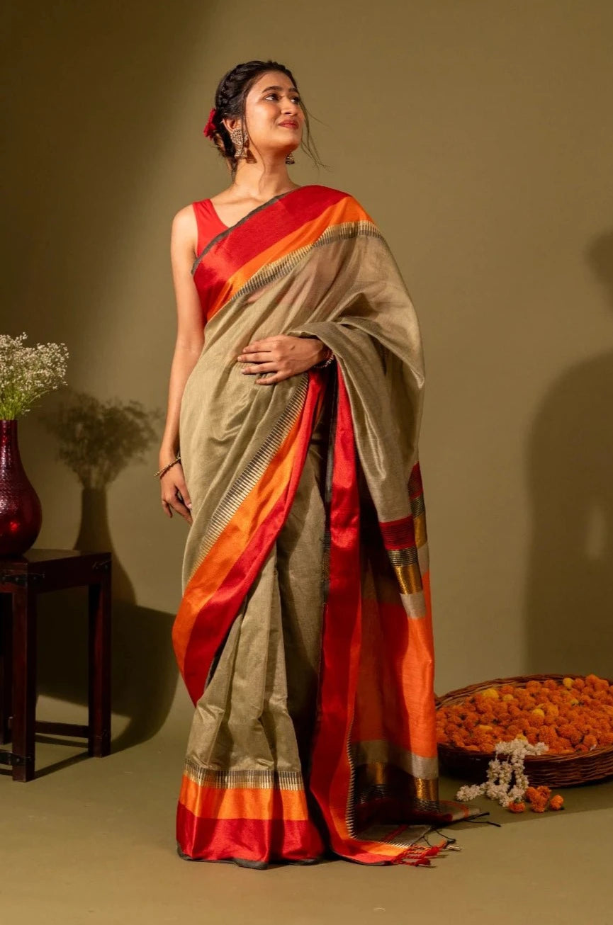 Maheshwari Silk Saree with Red Orange Border - Madhukara