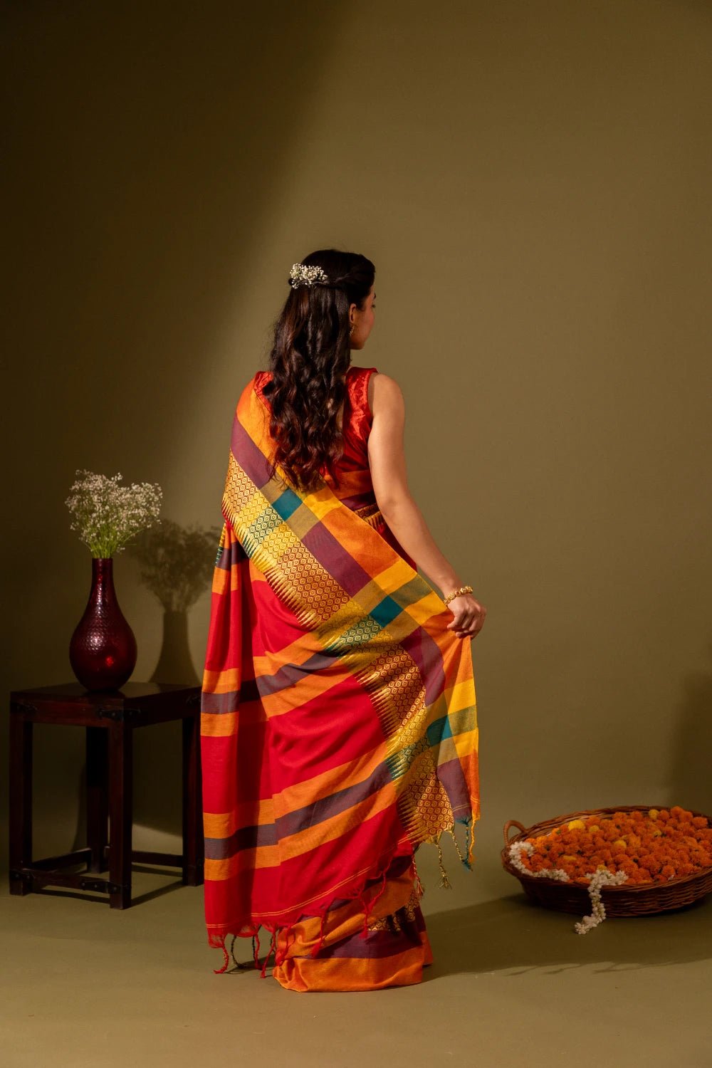 Maheshwari Silk Saree with Red Orange Border - Madhukara