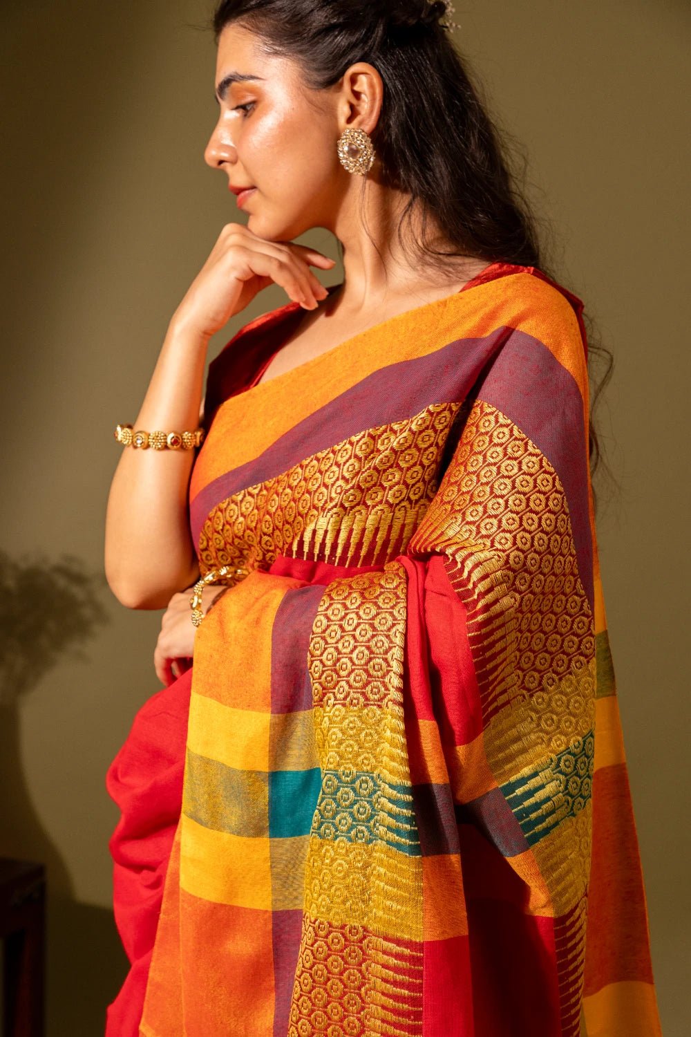 Maheshwari Silk Saree with Red Orange Border - Madhukara