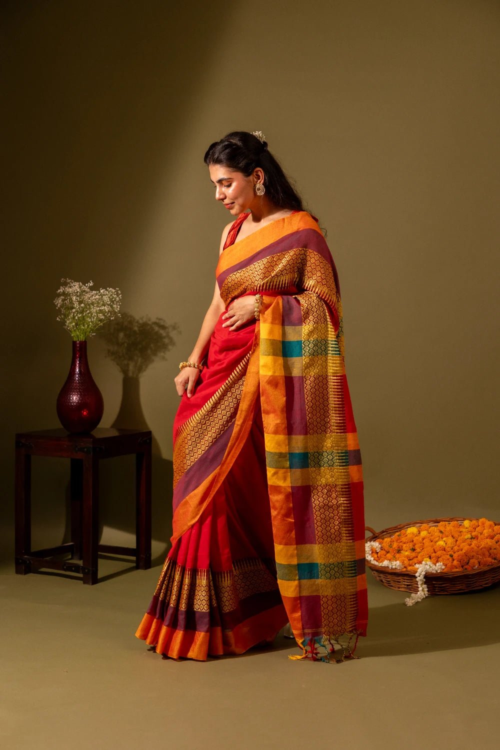 Maheshwari Silk Saree with Red Orange Border - Madhukara