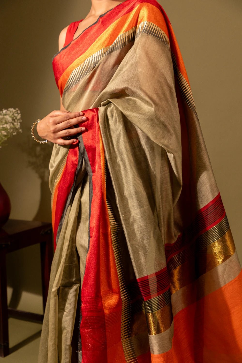 Maheshwari Silk Saree with Red Orange Border - Madhukara