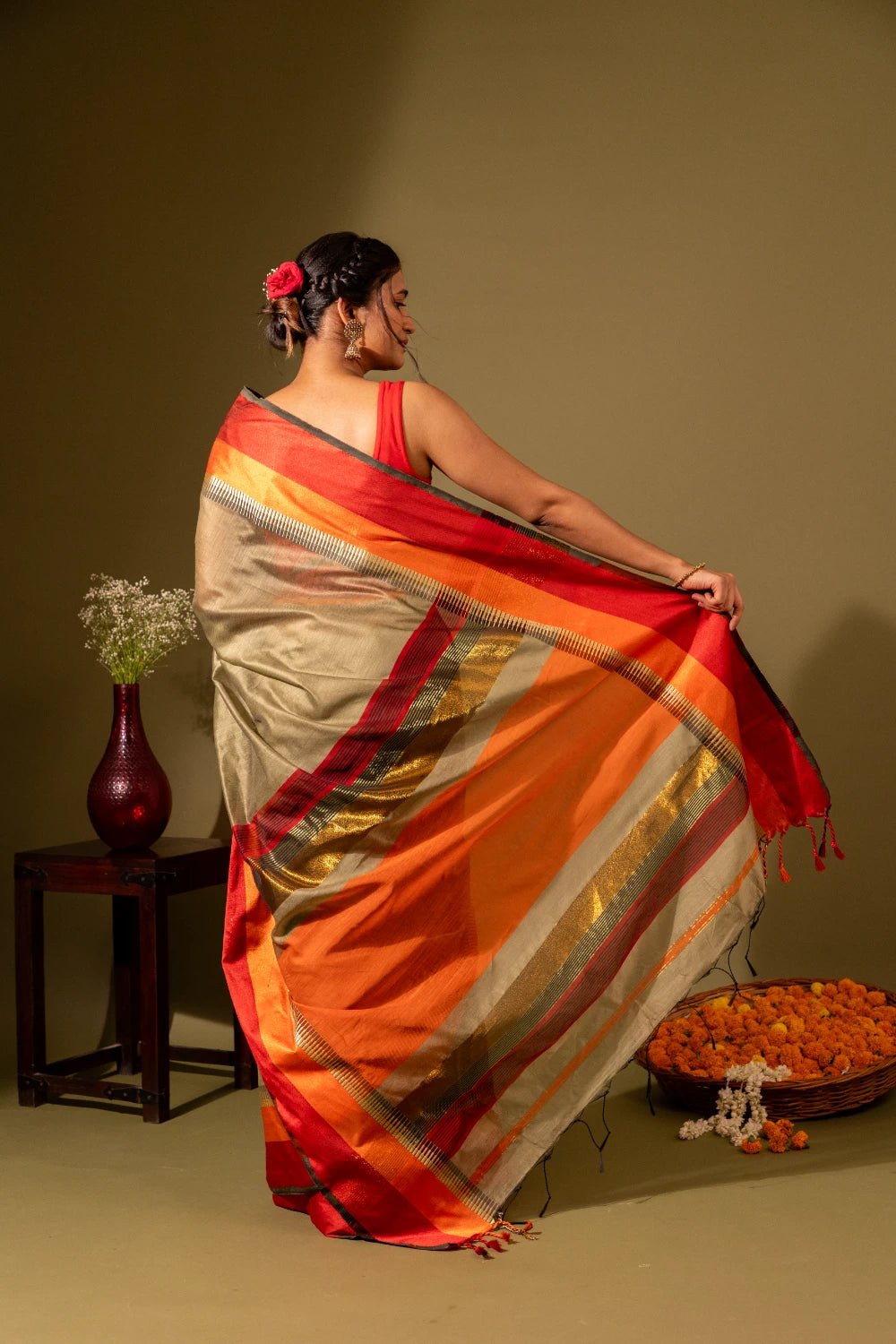 Maheshwari Silk Saree with Red Orange Border - Madhukara