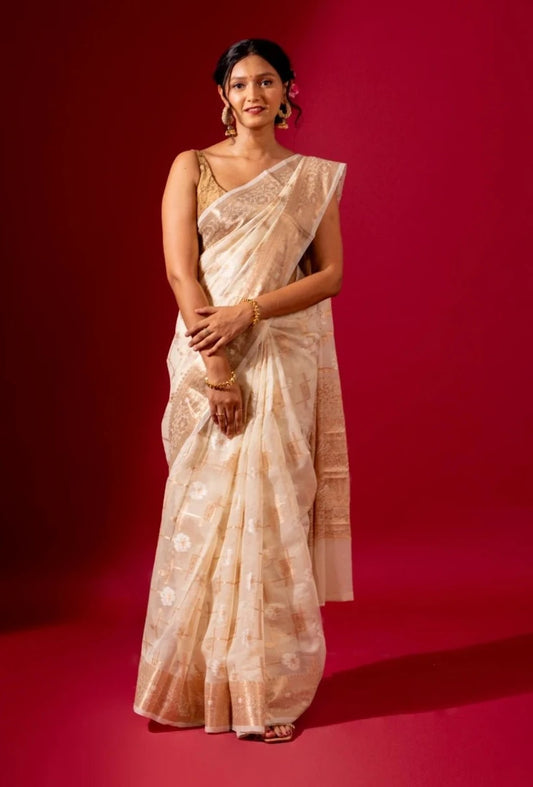 Soft Mercerized Cotton Off White Saree with Gold Zari Work - Madhukara